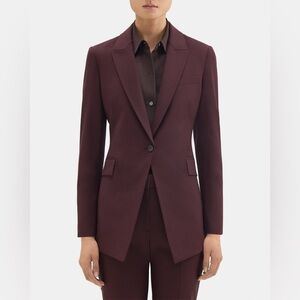 Theory Maroon Single-Breasted Blazer in Stretch Wool